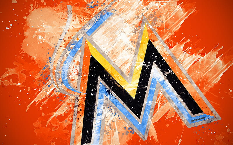 Miami Marlins grunge art, logo, american baseball club, MLB, orange background, emblem, Miami, Florida, USA, Major League Baseball, National League, creative art, HD wallpaper