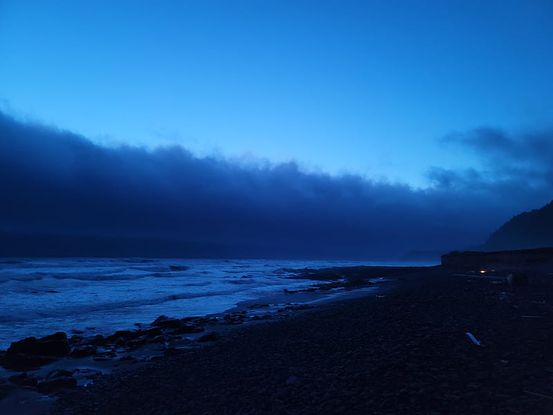 Sunset on the beach, outdoor, sky, coast, blue, ocean, nature, nighfall, water, fog, HD wallpaper