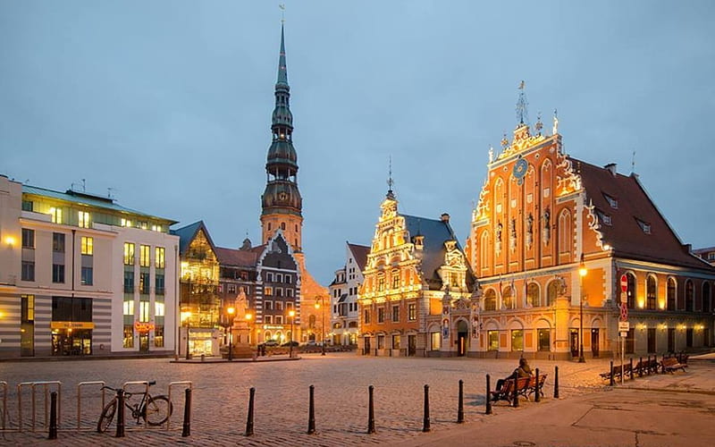 Riga, Latvia, city, Riga, square, houses, Latvia, church, HD wallpaper