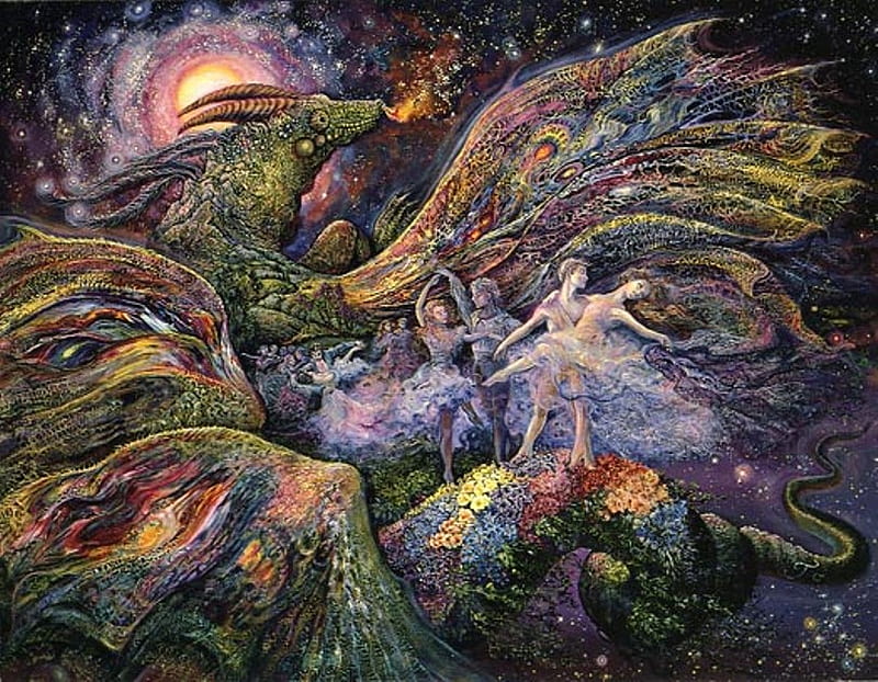 Josephine Wall 'Dragon Dancers', dancers, josephine, dragon, sea, faerie, fantasy, moon, butterfly, bubbles, andromeda, fairy, art, wings, ocean, unicorn, colors, wall, HD wallpaper