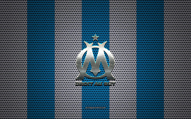 Olympique Marseille logo, French football club, metal emblem, blue white metal mesh background, Olympique Marseille, Ligue 1, Marseille, France, football, HD wallpaper