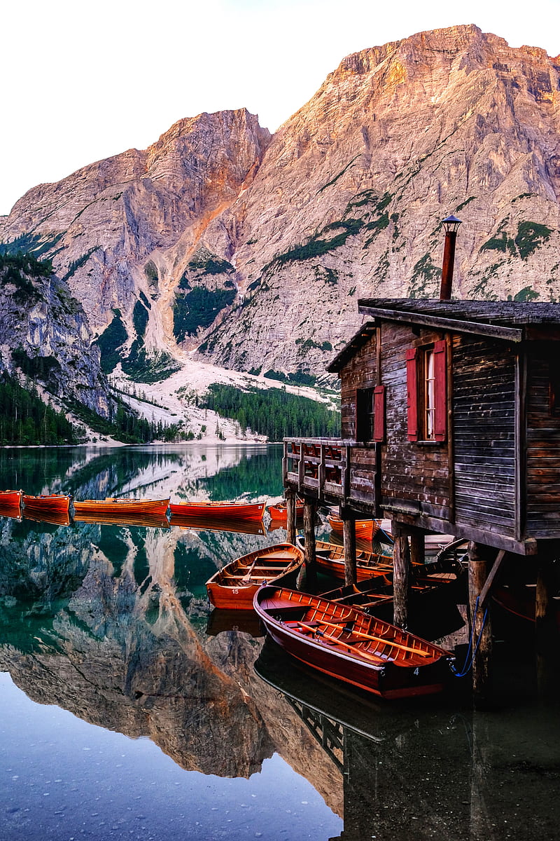 mountains, lake, boats, pier, building, HD phone wallpaper