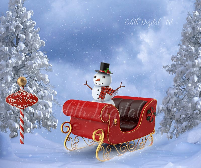 Christmas Digital Background Snowman Snow Winter North Pole, Christmas Sled, HD wallpaper