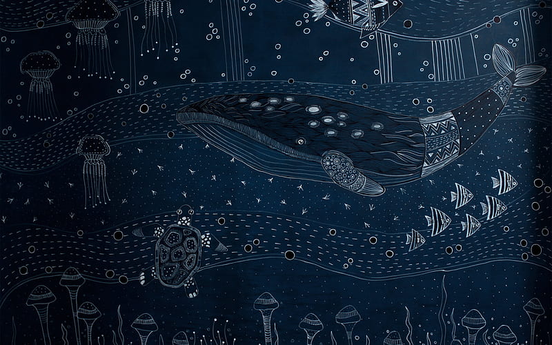 marine blue texture, underwater world texture, background with whales, retro sea texture, background with sea inhabitants, ocean animals background, HD wallpaper