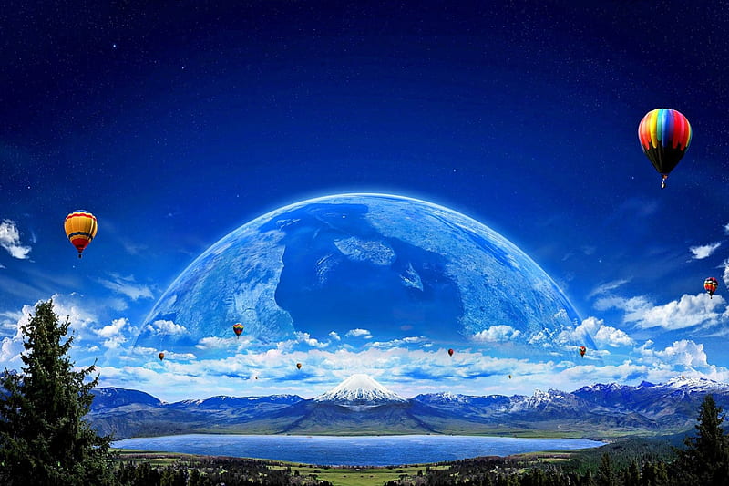 Two Million Tomorrows, mountain, CGI, 3D, planet, space, lake, Balloons, landscape, HD wallpaper