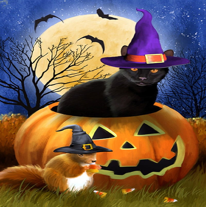 ★Witching Time★, pretty, autumn, holidays, bats, squirrels, witches ...