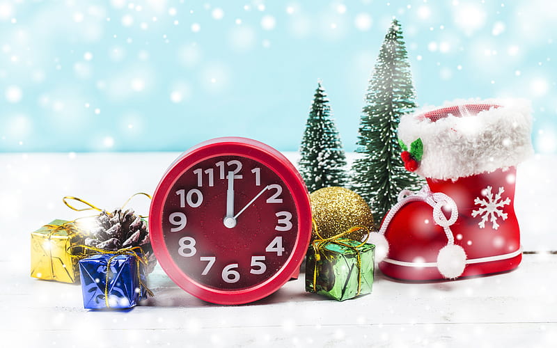 Happy New Year, red clock, midnight, winter, Christmas, snow, scenery, midnight on the clock, HD wallpaper