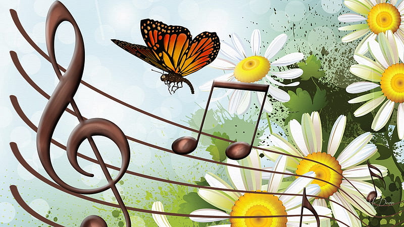 Summer Song, daisies, butterfly, notes, music, flowers, collage, score, Firefox Persona theme, HD wallpaper