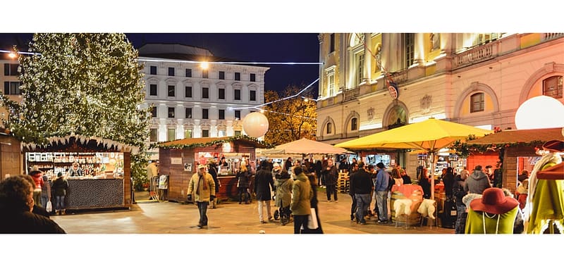 Lugano Christmas Market, night, individual retail stands, canopies, people, HD wallpaper