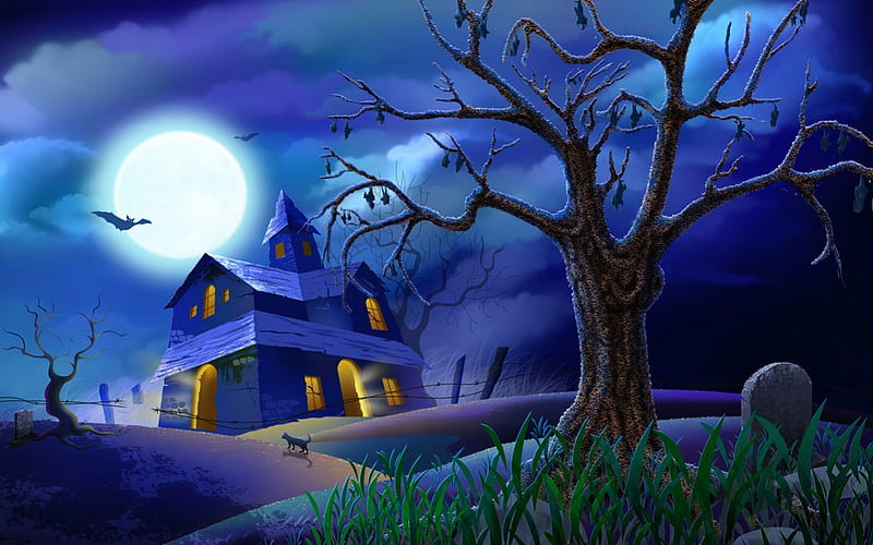 Batty Night, tree, bats, full moon, black cat, headstone, old house, night, HD wallpaper