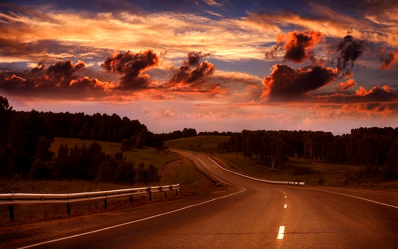THE TWILIGHT ZONE, dawn, trees, clouds, lights, highway, dark, empty, evening, road, HD wallpaper