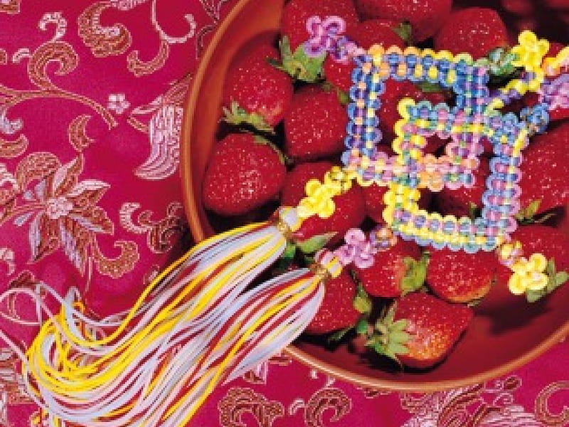Decorative Strawberries, bowl strawberries, chinese knot art, fruit, decorations, HD wallpaper