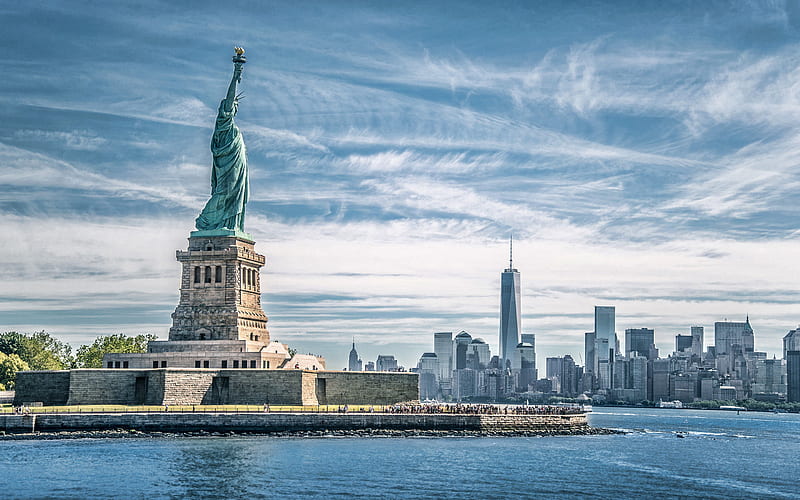 Statue of Liberty, Liberty Island, New York, World Trade Center 1, New York Cityscape, New York City skyline, skyscrapers, Liberty Enlightening the World, USA, HD wallpaper
