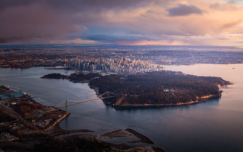 Vancouver, aero view, view from above, evening, sunset, Vancouver cityscape, Vancouver skyline, British Columbia, Canada, HD wallpaper