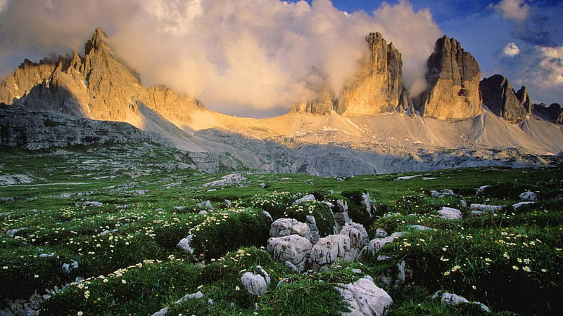 wonderful springtime in the italian tirol, mountains, flowers, sunrise, clouds, meadow, HD wallpaper