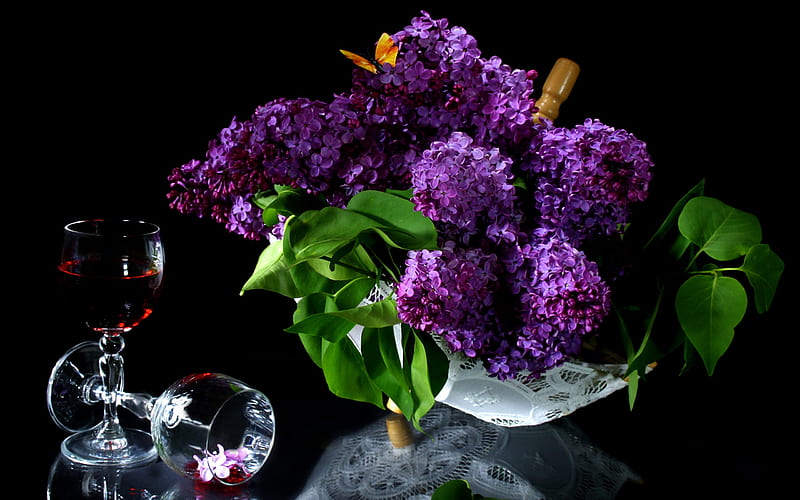 Happy Birtay Anca, with love, lilac, pretty, happy birtay, glasses, umbrella, bonito, birtay, still life, graphy, leaves, butterfly, flowers, beauty, reflection, aromatic, lovely, wine, still, colors, ancasimona, lilacs, glass, red wine, purple, bouquet, flower, sweetness, nature, HD wallpaper
