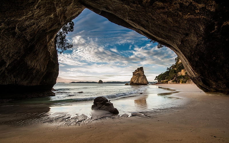 Cathedral Cove, New Zealand, beach, nature, new zealand, cave, HD wallpaper