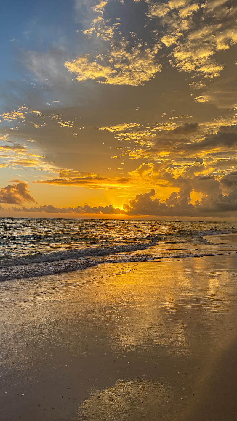 beach, sunset, waves, sea, HD phone wallpaper