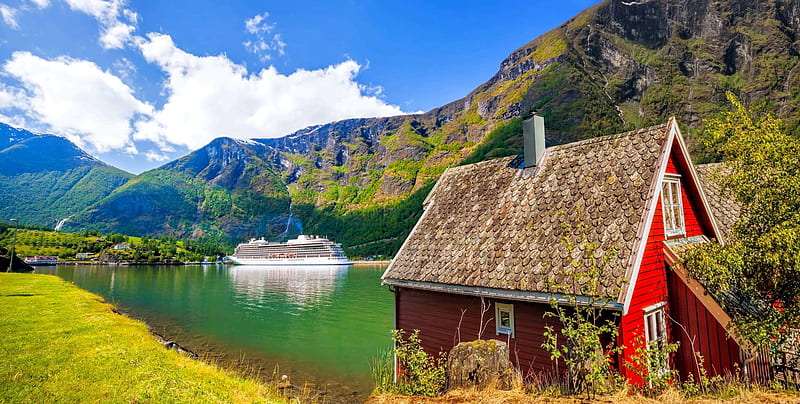 Norwegian house, mountain, house, ship, fjord, bonito, river, reflection, Norway, HD wallpaper
