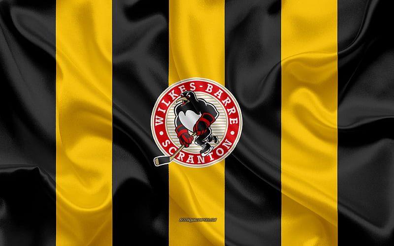 Wilkes-Barre Scranton Penguins, American Hockey Club, emblem, silk flag, yellow-black silk texture, AHL, Wilkes-Barre Scranton Penguins logo, Wilkes-Barre, PA, USA, hockey, American Hockey League, HD wallpaper