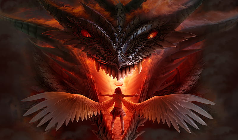 Face to face, girl, orange, angel, dragon, florent dufor, red, wings, luminos, fire, fantasy, dark, HD wallpaper