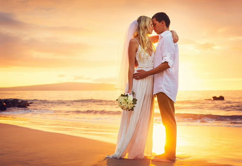 Just Married, beach, sunset, wedding, couple, sea, HD wallpaper