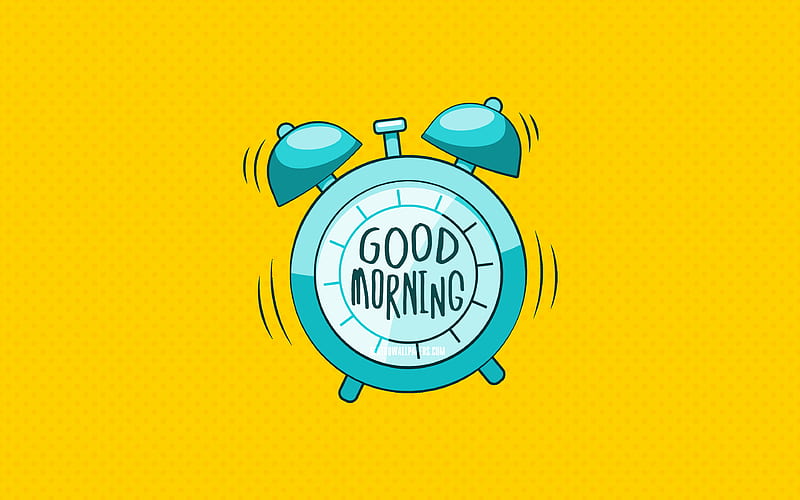 Good Morning, blue alarm clock yellow dotted backgrounds, good morning wish, creative, good morning concepts, minimalism, good morning with clock, HD wallpaper