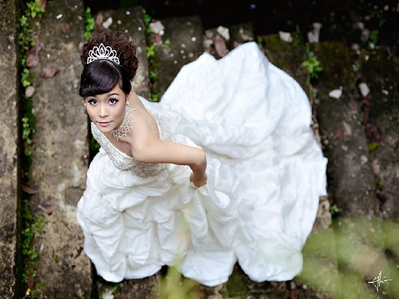 Lovely Bride, white lace dress, wind, bride, tiara, wedding, steps, women, HD wallpaper