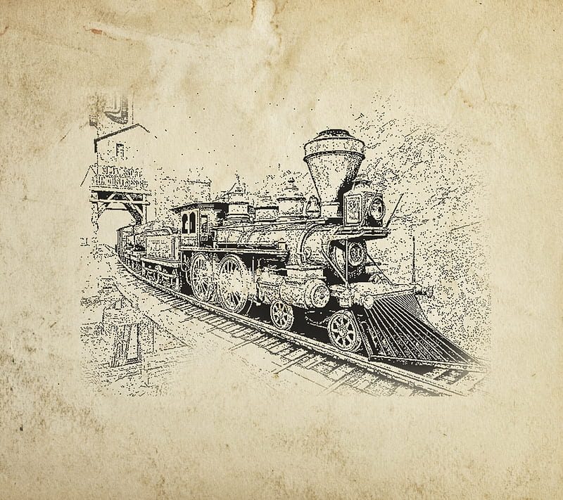 old train, drawing, pencil, saguaro, HD wallpaper