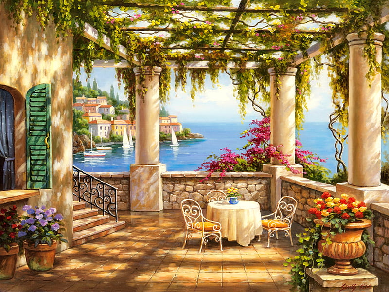 Morning terrace, table, mediterraneo, view, Italy, Sung Kim, bonito, tea, terrace, sea, arch, coffee, summer, morning, coast, HD wallpaper