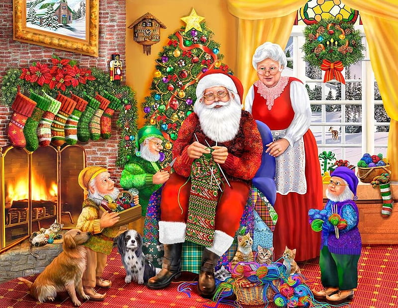 One Last Stocking, sewing, santa, window, christmas, painting, grandma, room, artwork, HD wallpaper