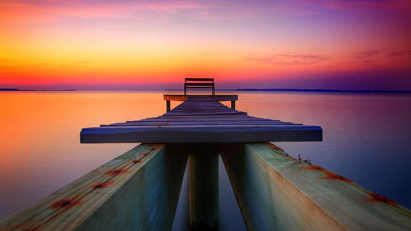 Wooden Bench On White Dock Under Colorful Sky Lounge, HD wallpaper