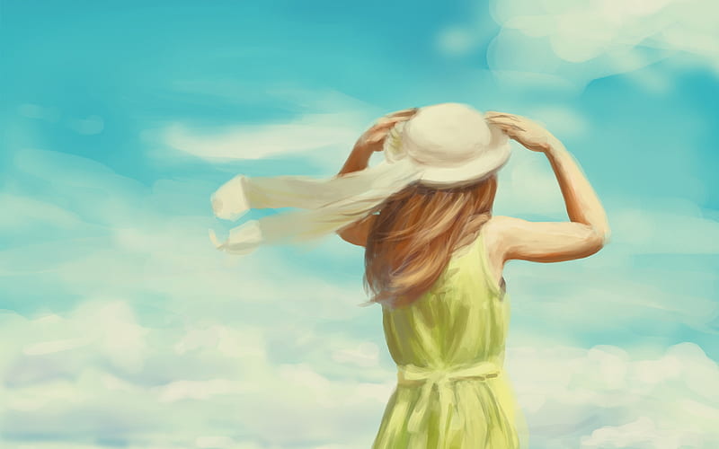 Windy day, art, luminos, wind, hat, vara, fantady, girl, green, summer, white, blue, HD wallpaper