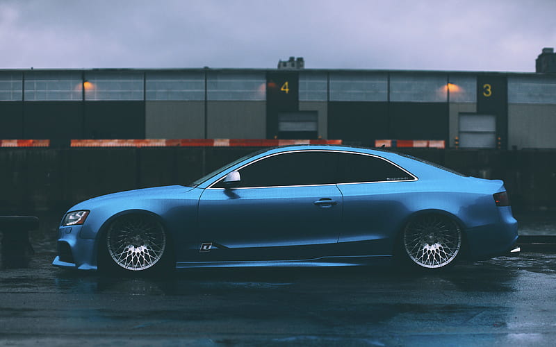 Audi A5, tuning, stance, blue a5, rain, german cars, Audi, HD wallpaper