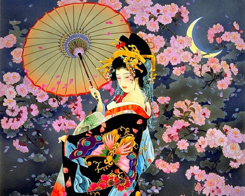 Yozakura, umbrella, attractions in dreams, bonito, digital art, woman, geisha, cherry blossoms, japan, flowers, moons, lovely, japanese, colors, love four seasons, kimono, asian, weird things people wear, HD wallpaper