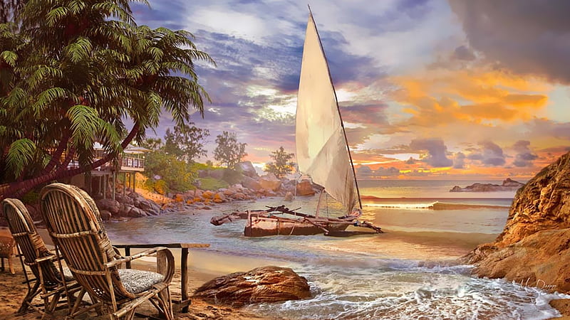 Refuge, beach, vacation, relax, chairs, sky, sail boats, sea, HD wallpaper