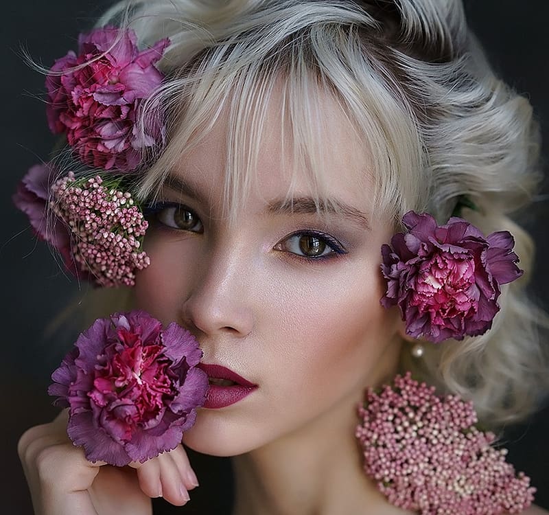 Beauty, alexey kazantsev, purple, model, woman, girl, face, pink, flower, blonde, HD wallpaper