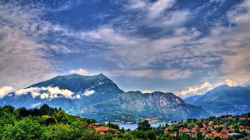 magnificent lake como italy r, mountains, village, r, clouds, lake, HD wallpaper