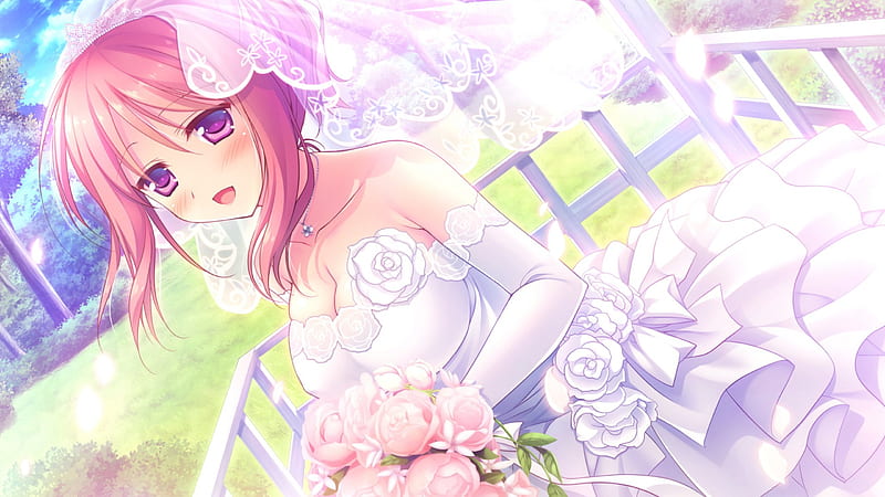 Komatsu Rina, pretty, romance, cg, bride, game, cute, girl, flowes, love, white, HD wallpaper