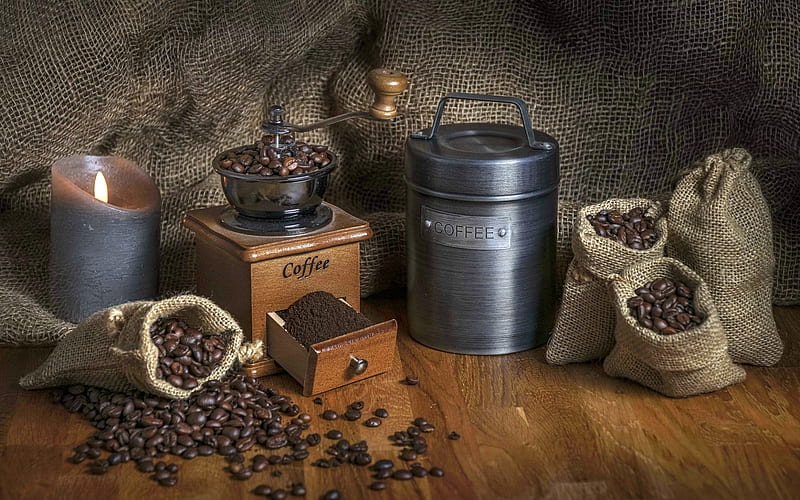 Coffee Still Life, grinder, coffee, wooden, beans, candle, HD wallpaper