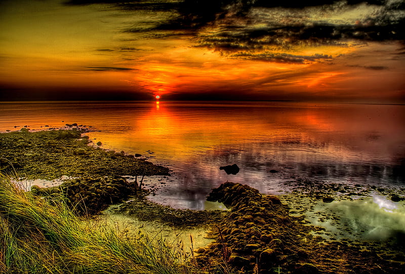 Sunset-R, pretty, sun, grass, bonito, sunset, clouds, sea, beach ...