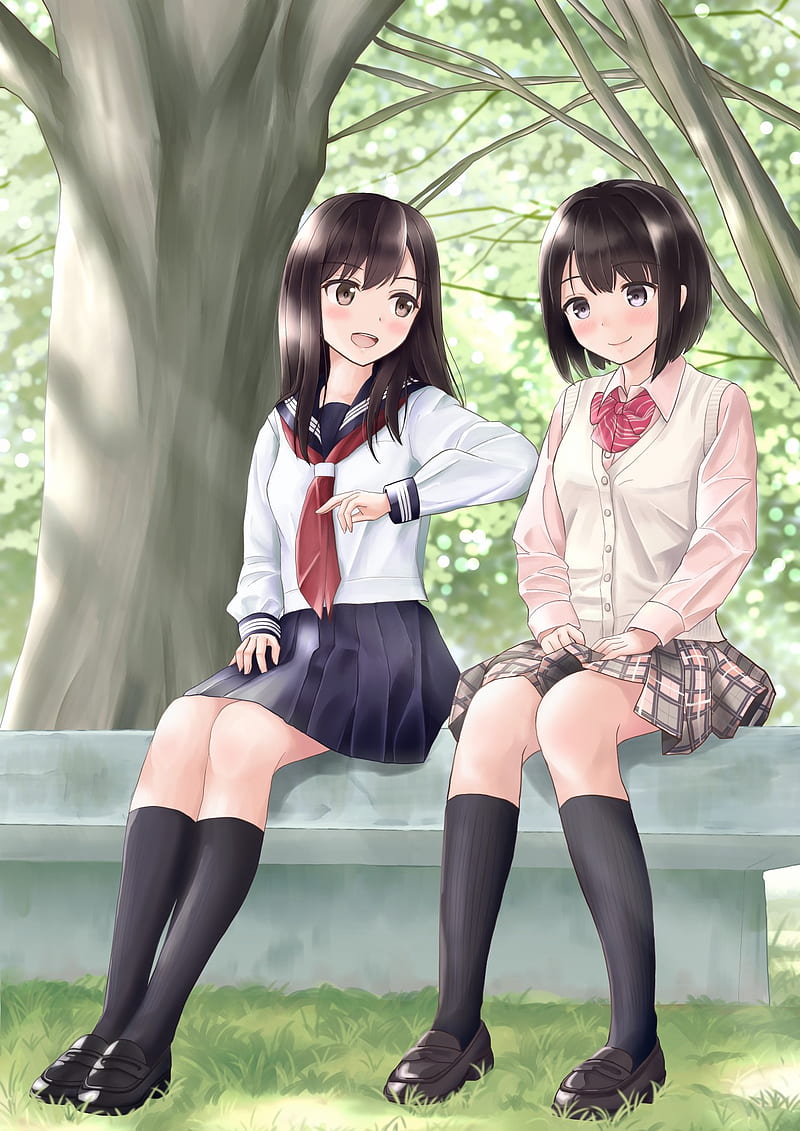 Anime Anime Girls Park Skirt Long Hair Short Hair Brunette Brown Eyes Hd Phone Wallpaper 