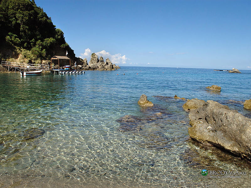Corfu, Greece, rocks, water, blue sky, transparant, HD wallpaper