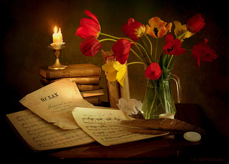 Melodic Beauty, candle, table, books, quill pen, pitcher, vase, candleholder, shet music, still life, flowers, tulips, HD wallpaper
