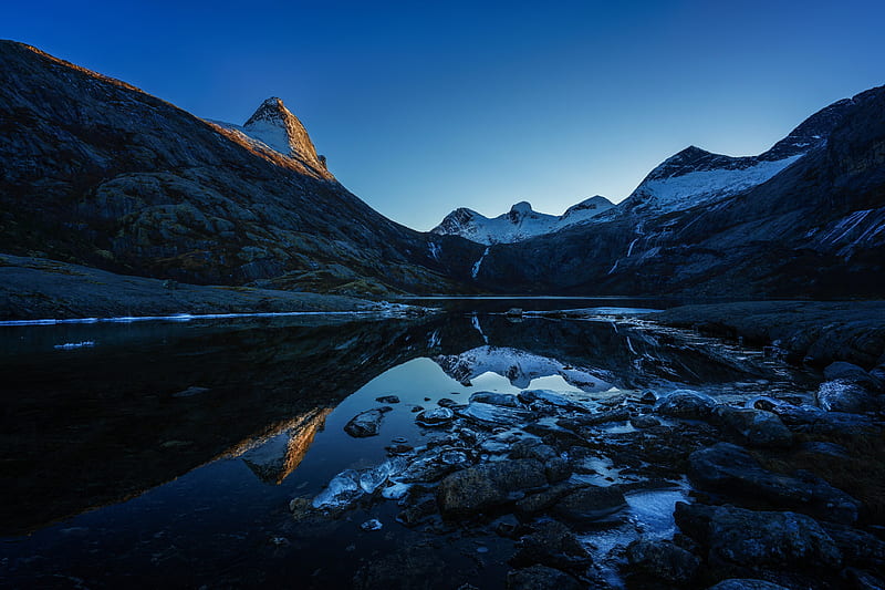 norway, fjord, ice, glacier, lake, mountain, snow line, sky, moraine, Landscape, HD wallpaper