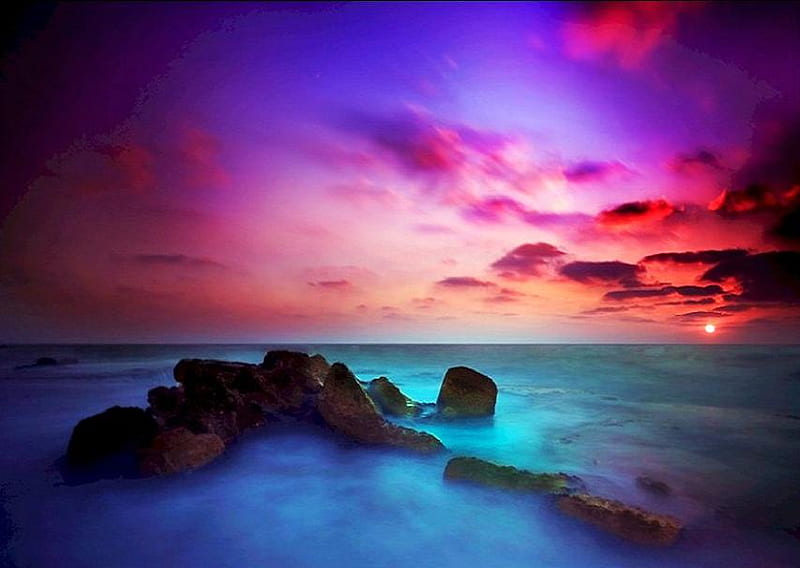 Colors, red, rocks, ocean, sunset, sky, water, aqua, pink, blue, HD ...
