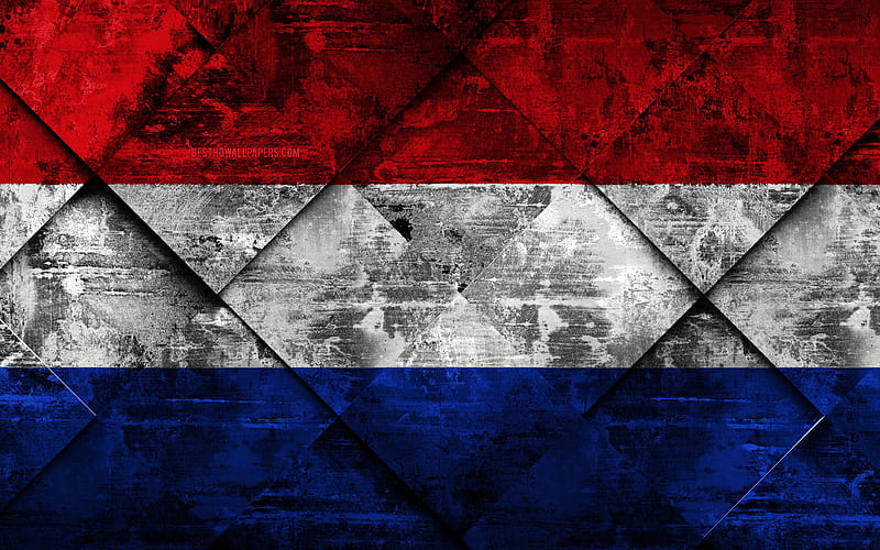 Flag of Netherlands grunge art, rhombus grunge texture, Netherlands flag, Europe, national symbols, Netherlands, creative art, HD wallpaper
