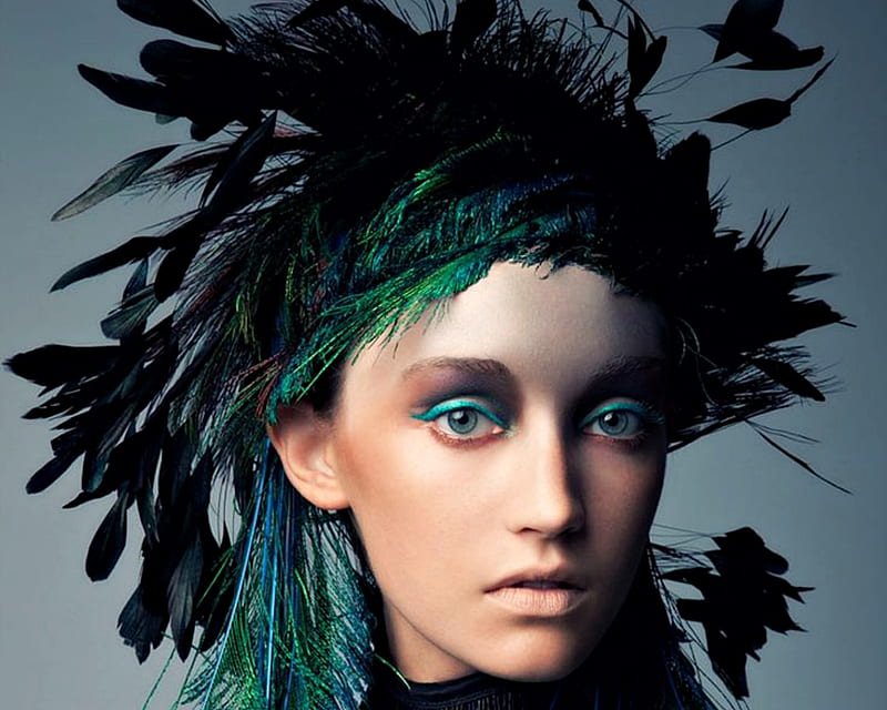 Model, peacock, black, woman, girl, green, feather, makeup, face, HD ...