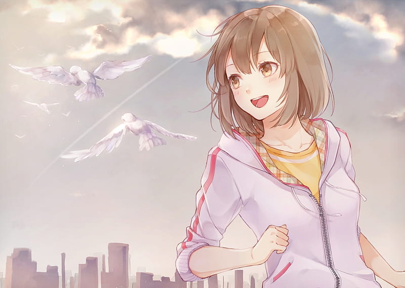 anime girl, running, hoodie, smiling, birds, short hair, Anime, HD wallpaper