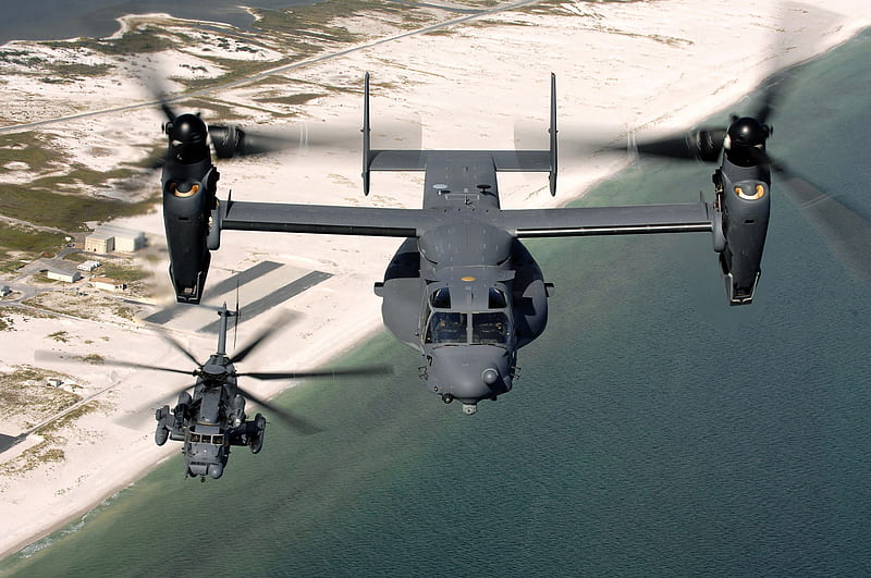 CV-22 Osprey and an MH-53 Pave Low , fighter, copterturbo, prop, sky, wing, heli, rocket, sand, water, recon, carrier, jet, chopper, HD wallpaper